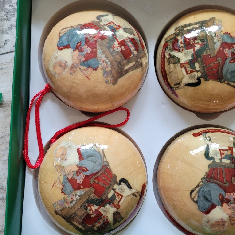 VTG Silk Tree Factory Santa's Workshop Decoupage Christmas Ornaments Set of 6 - Picture 3 of 7